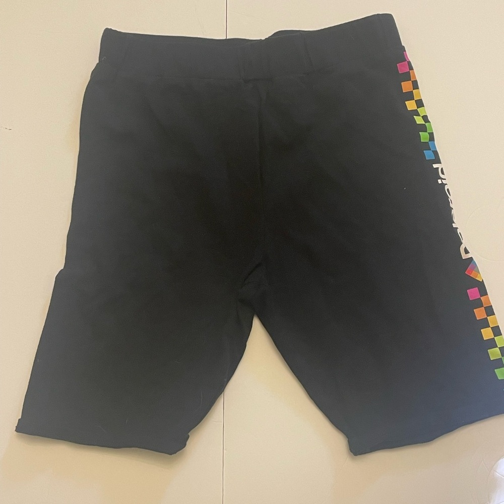 Black Bicycle shorts with rainbow checkered side leg